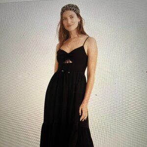 NWT Madewell Ruched Keyhole Tiered Midi Dress, Black, Sz 16